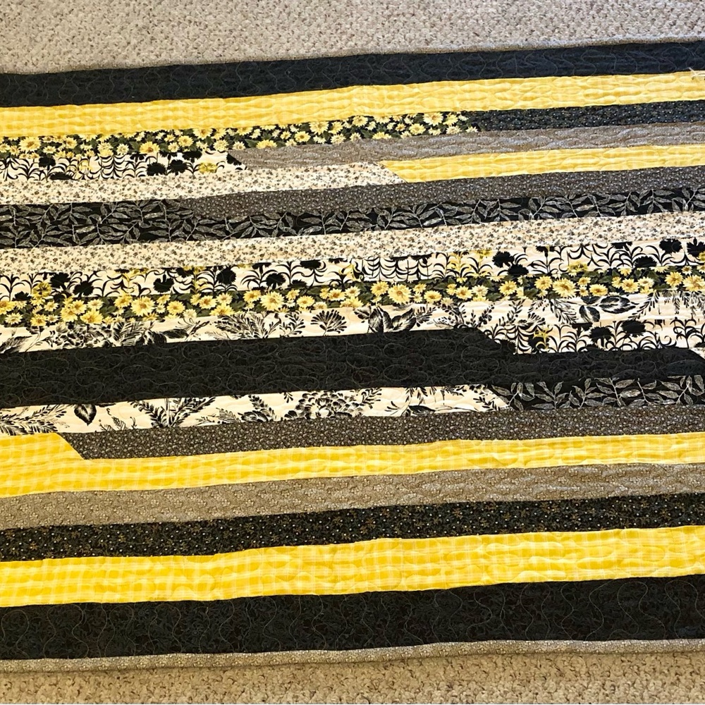 Handmade Striped Quilt - Yellow, Black & White Floral Mix